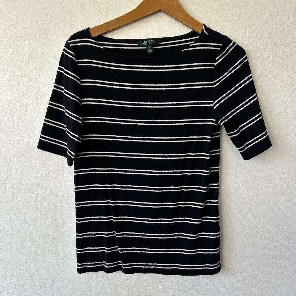 Lauren Ralph Lauren Boatneck Blouse Womens Medium Black Striped Preppy Old Money